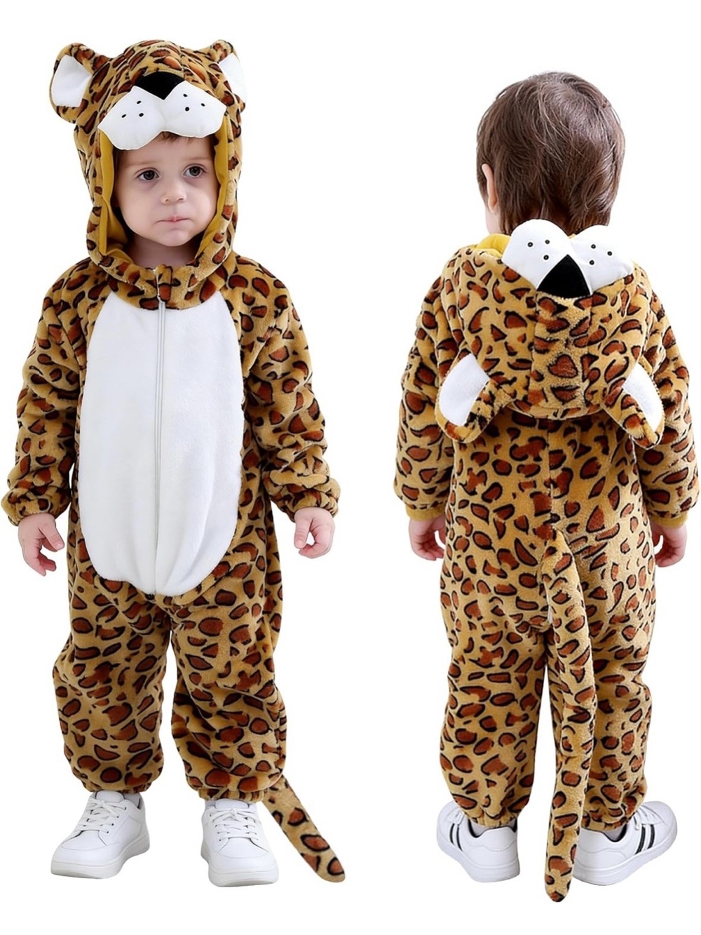 Soft Plush Leopard Print Hooded Animal Zip Up Jumpsuit Halloween Costume 18-24M